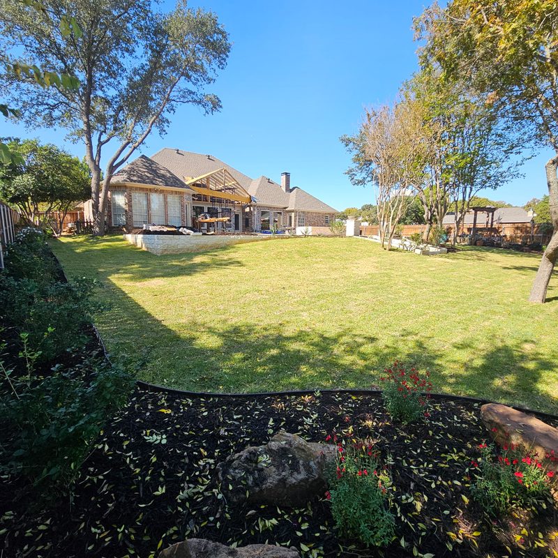 Finished backyard with sod and stone wall