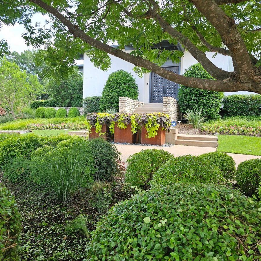 Modern home entry with ornamental grasses and copper planters
