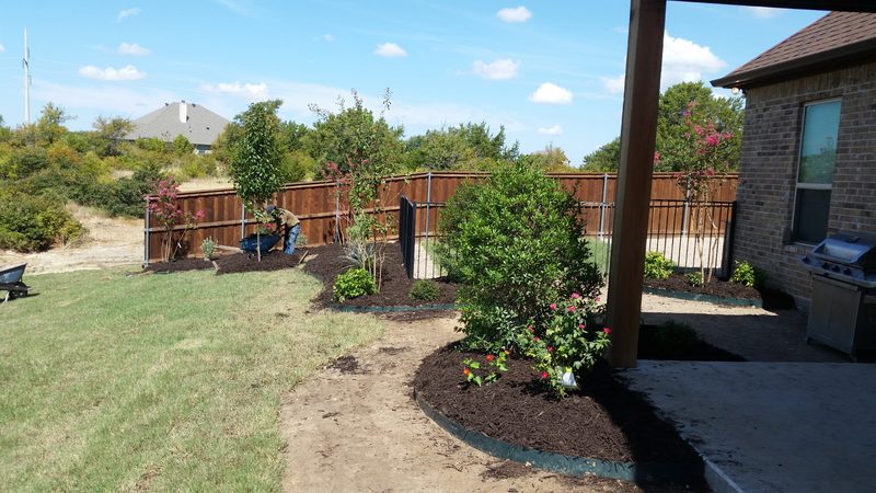 Beds with plantings around patio