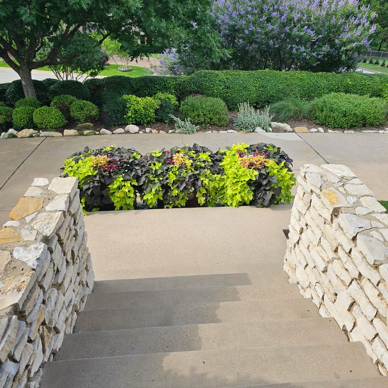 Stone entry with seasonal planters